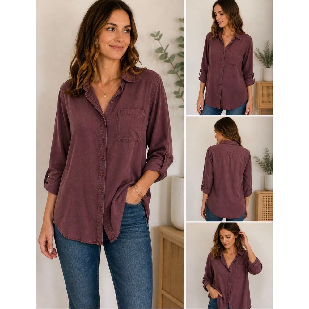 Side Stitch Button Down Shirt Size M Mauve Tencel Long Sleeve Tunic Top